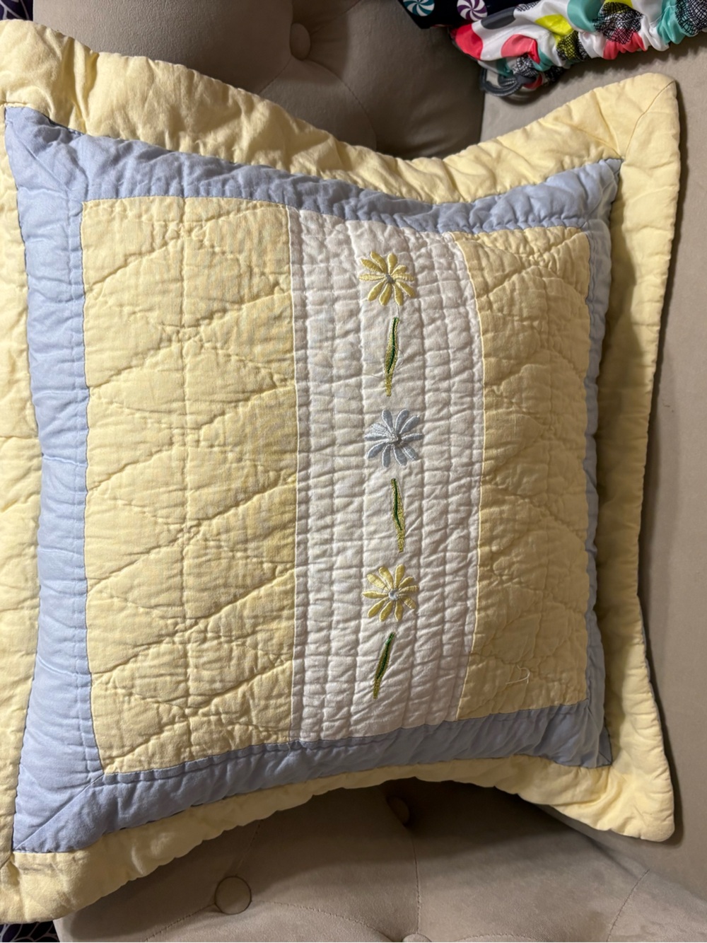 vintage quilted throw pillow with floral embroidery , 20 by 20 inches,